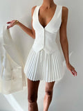 White button-front vest with pleated mini skirt set