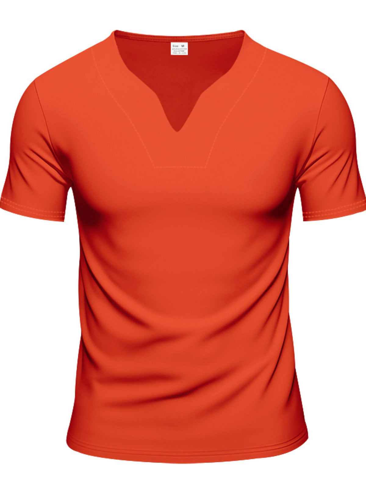 Men's orange V-neck stretch tee shirt, short sleeves and draped neckline panel.