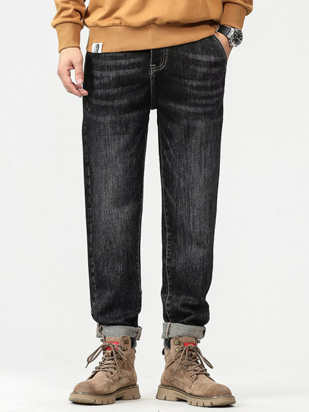 Men's relaxed fit vintage wash black cotton jeans, straight legs with cuffed hem