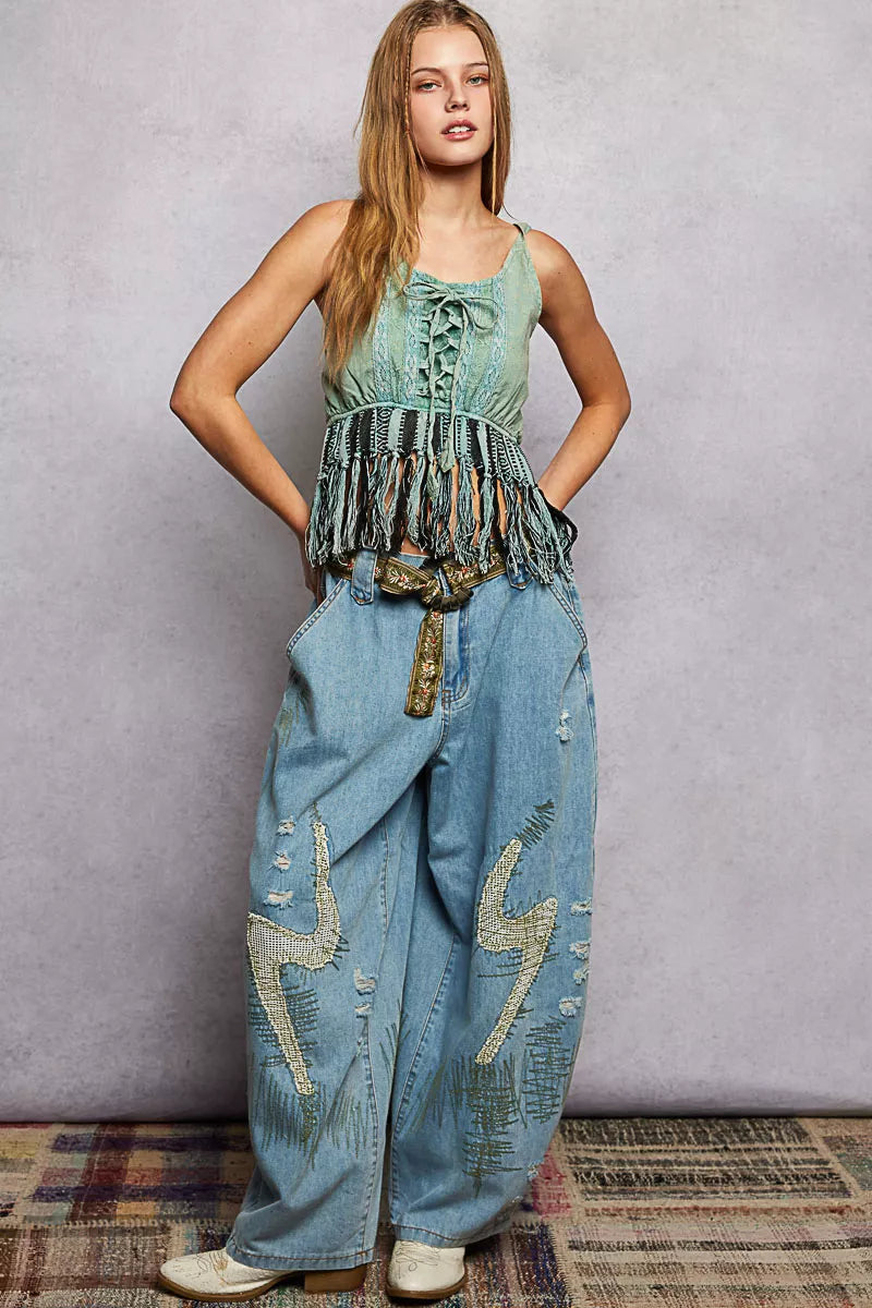 Cedar & Moore POL Lace-Up Fringe Hem Tank with Lace Detail, mint green bra-top style sleeveless top by Trendsi