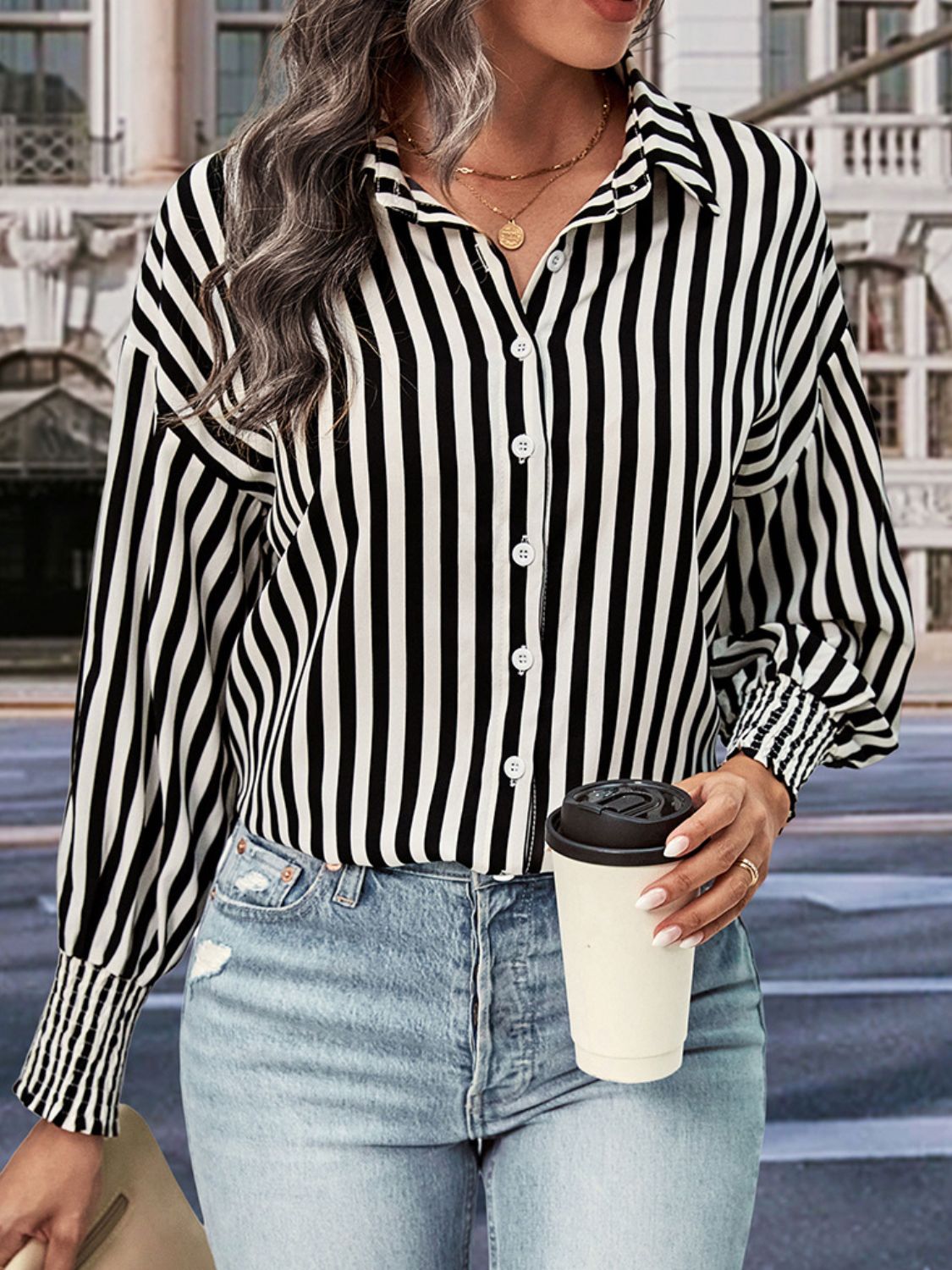 Perfee striped button-up shirt, dropped shoulder and smocked wrist cuffs, black/white
