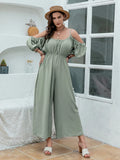 Sage green wide-leg jumpsuit with spaghetti straps, gathered waist, puffed cold shoulders