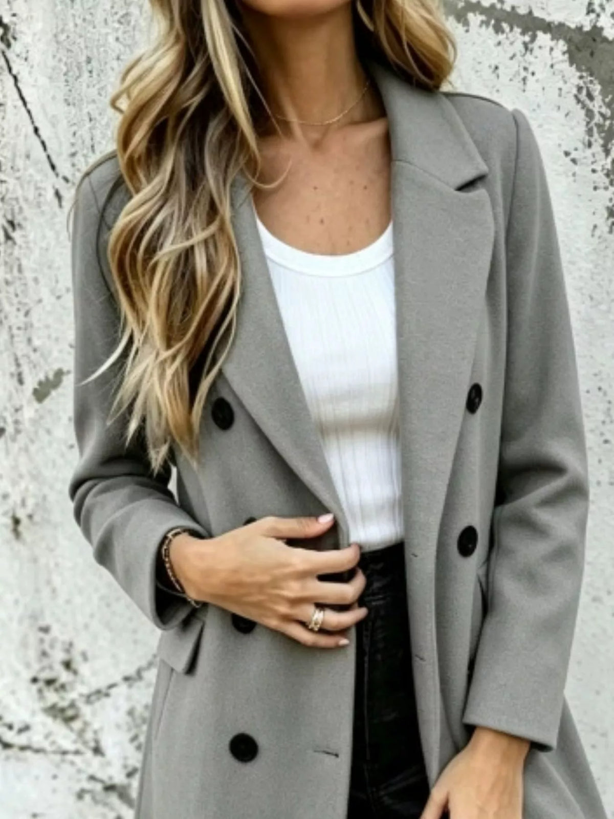 Long double-breasted lapel coat, slate gray, notched lapel and buttons