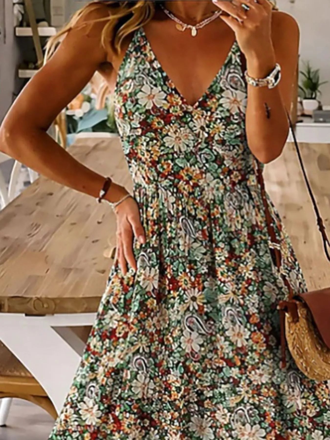 Green floral maxi dress, V-neck spaghetti straps and tiered skirt layers