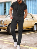 Black short-sleeve hoodie set with drawstring hood and matching jogger pants