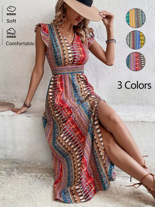 Boho print ruffle sleeve dress with V-neck, fitted waist, and side slit