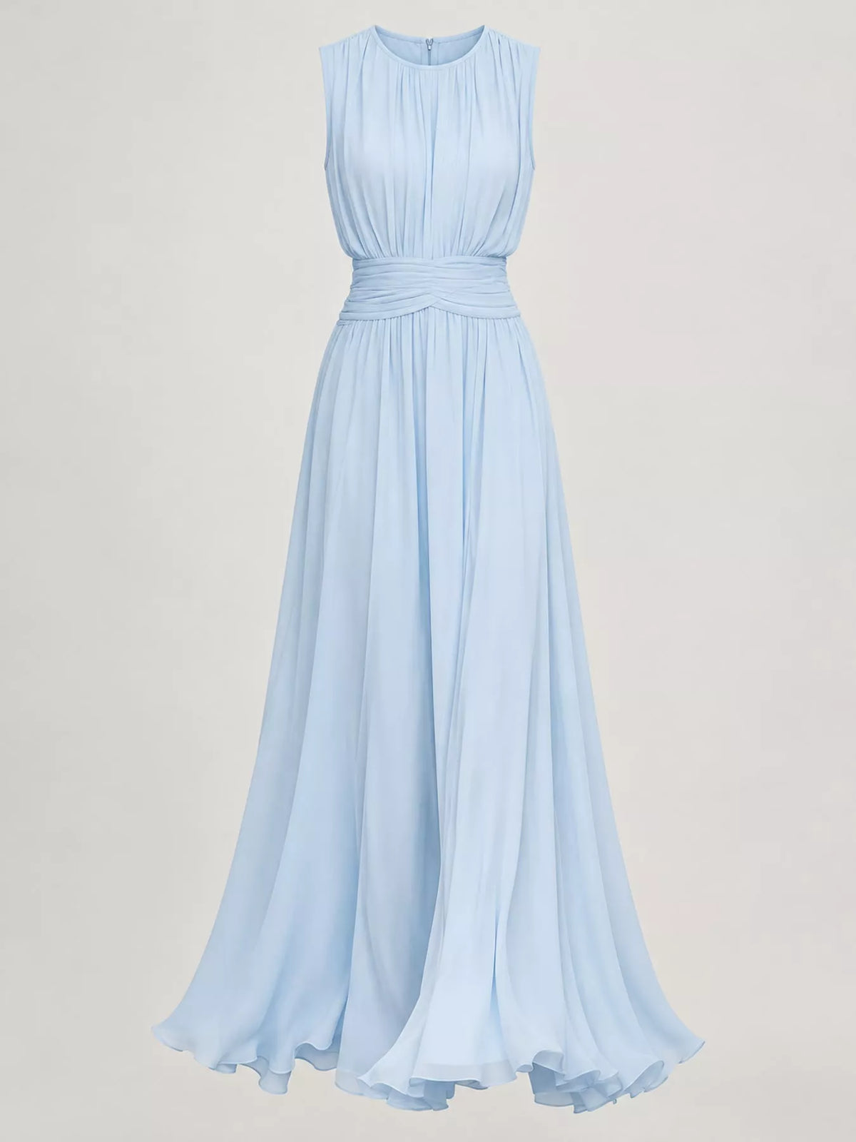 Light blue sleeveless ruched chiffon maxi dress with crew neckline and full skirt