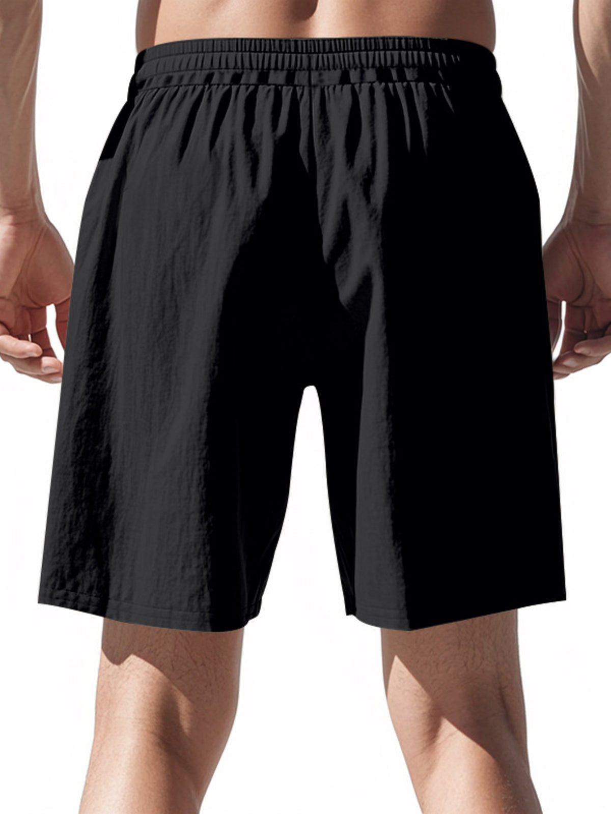Black men’s lightweight drawstring shorts with elastic waistband, relaxed fit.