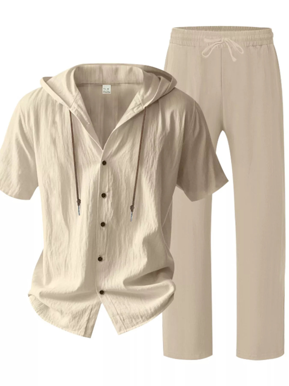 Cream linen hooded button-up set: short-sleeve shirt with drawstring hood and pants