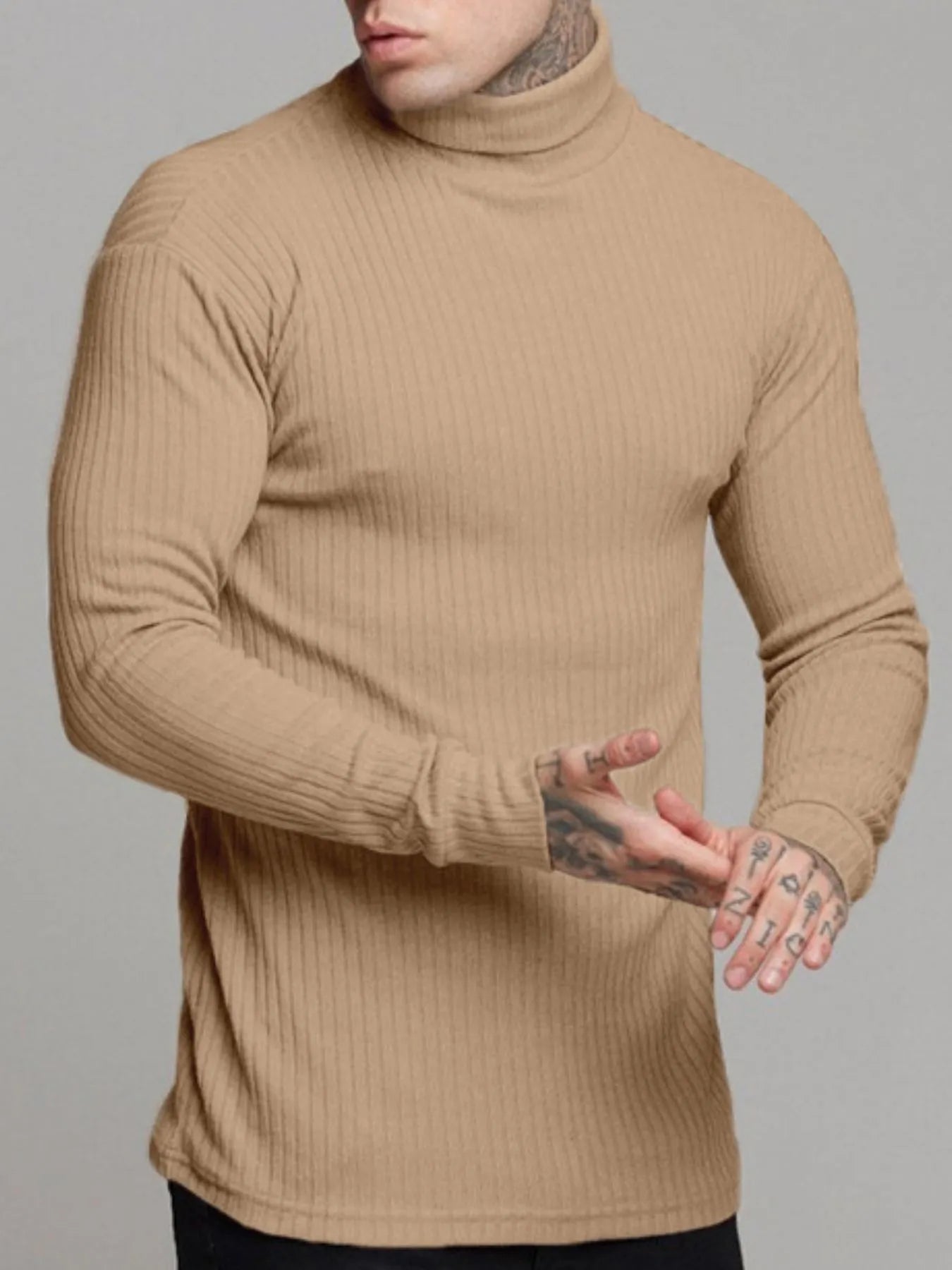 Ribbed turtleneck sweater in khaki, back view, long sleeves, textured knit