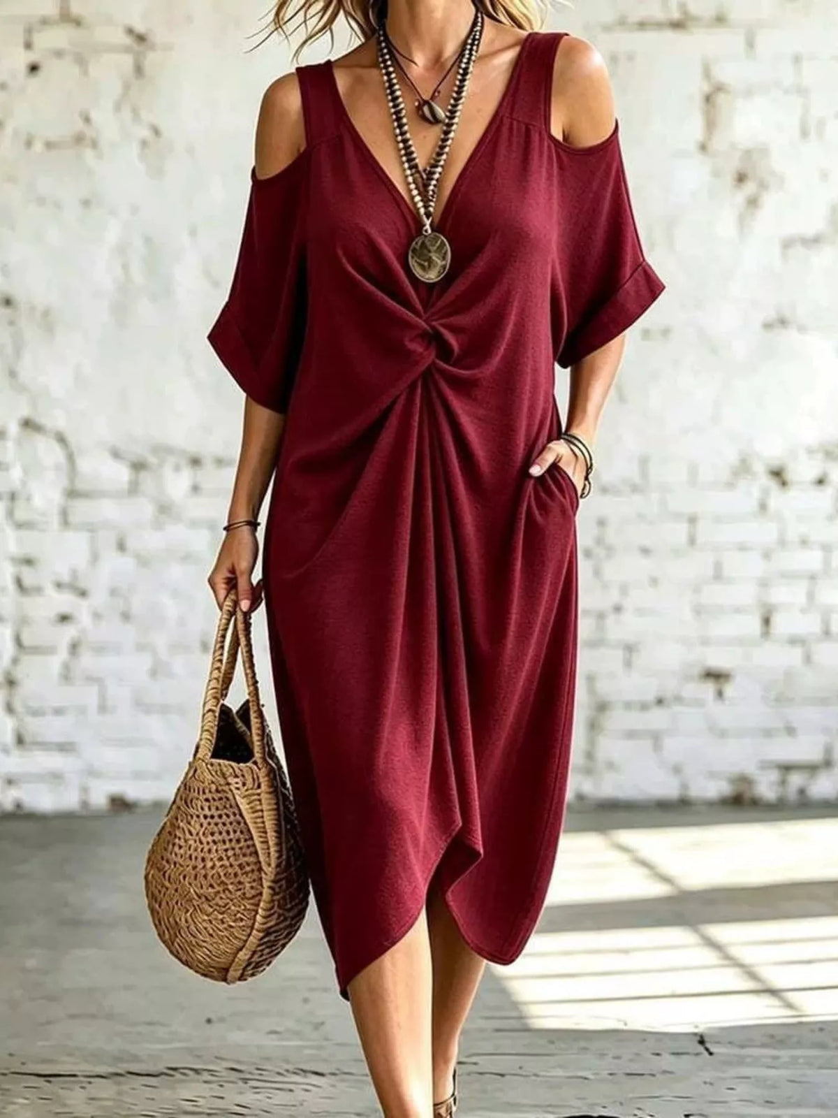 Burgundy cold-shoulder twist midi dress, draped knot front, loose short sleeves