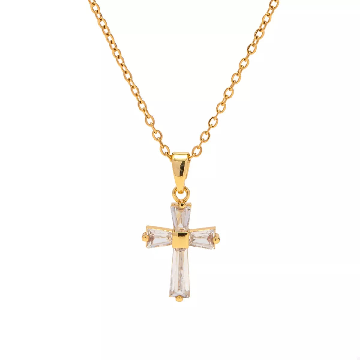 Gold-plated zircon cross pendant necklace with clear stones and fine gold chain