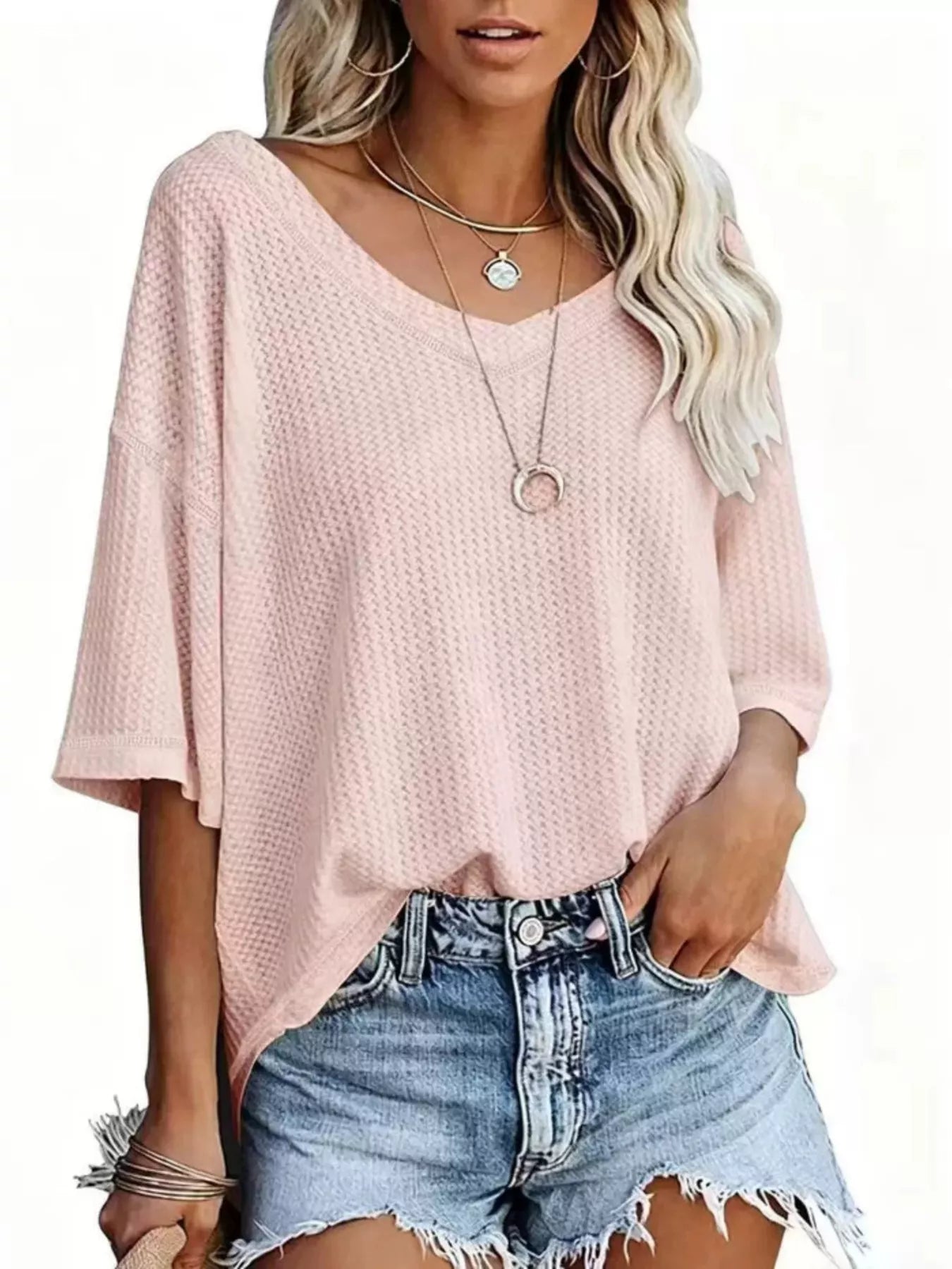 Waffle knit v-neck short sleeve T-shirt, light pink loose fit
