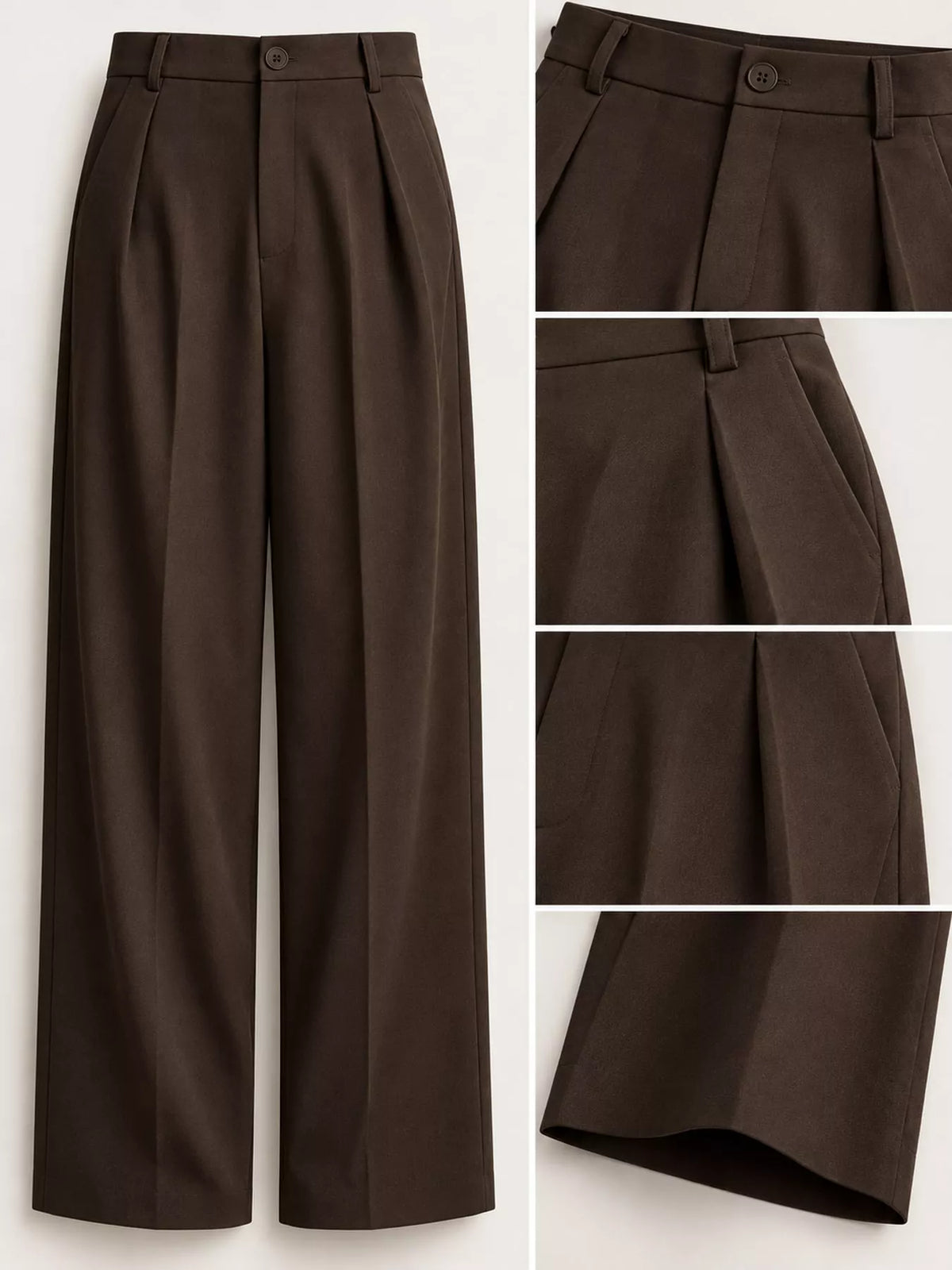 Dark brown high-waisted pleated wide-leg pants, side view with belt loops and button