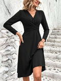 Black long-sleeve surplice midi dress with ruched waist and wrap V-neck