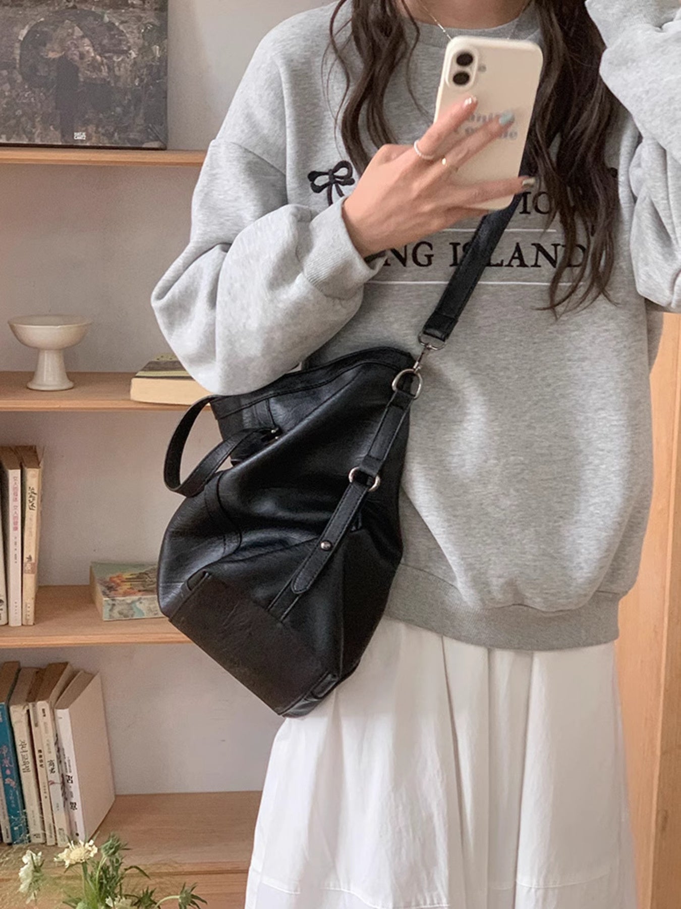 Star-Embellished Black PU Leather Shoulder Bag, large crossbody by Trendsi
