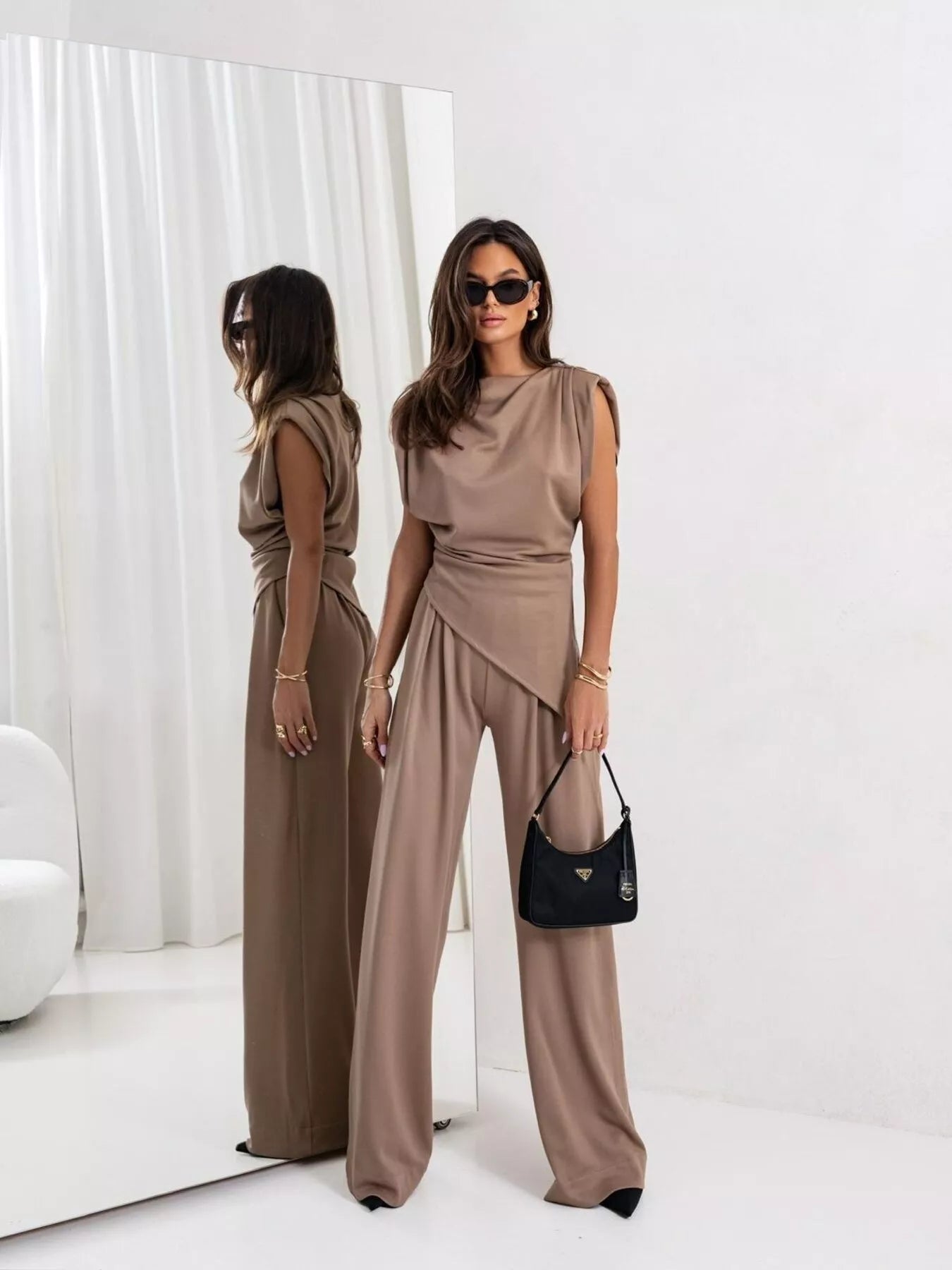Satin cowl-neck top and wide-leg pants set in taupe with draped waist detail