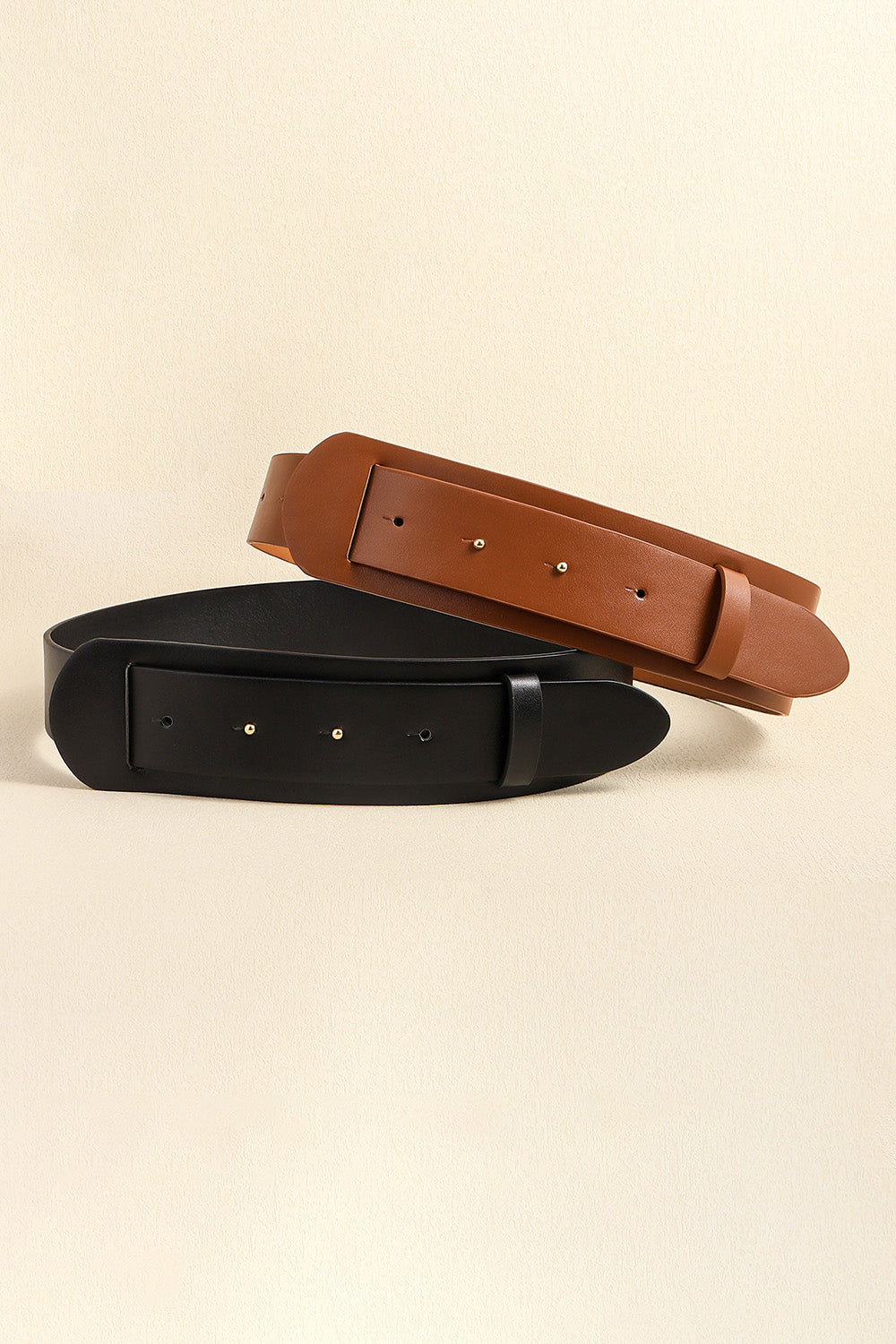 Vegan leather belt set: black and caramel belts with rectangular buckle plates and pin holes