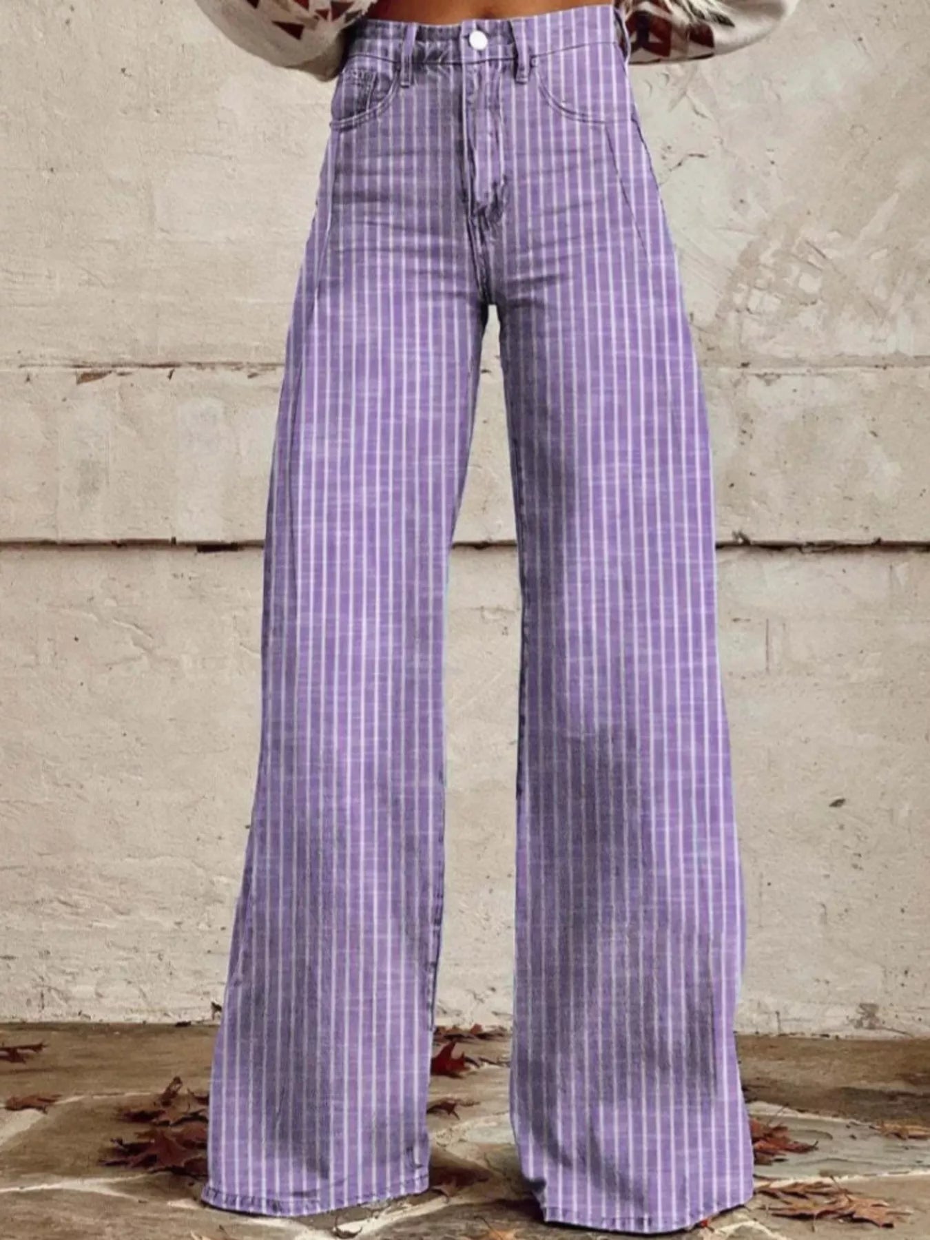 Purple striped high-waisted wide-leg jeans with button fly and belt loops
