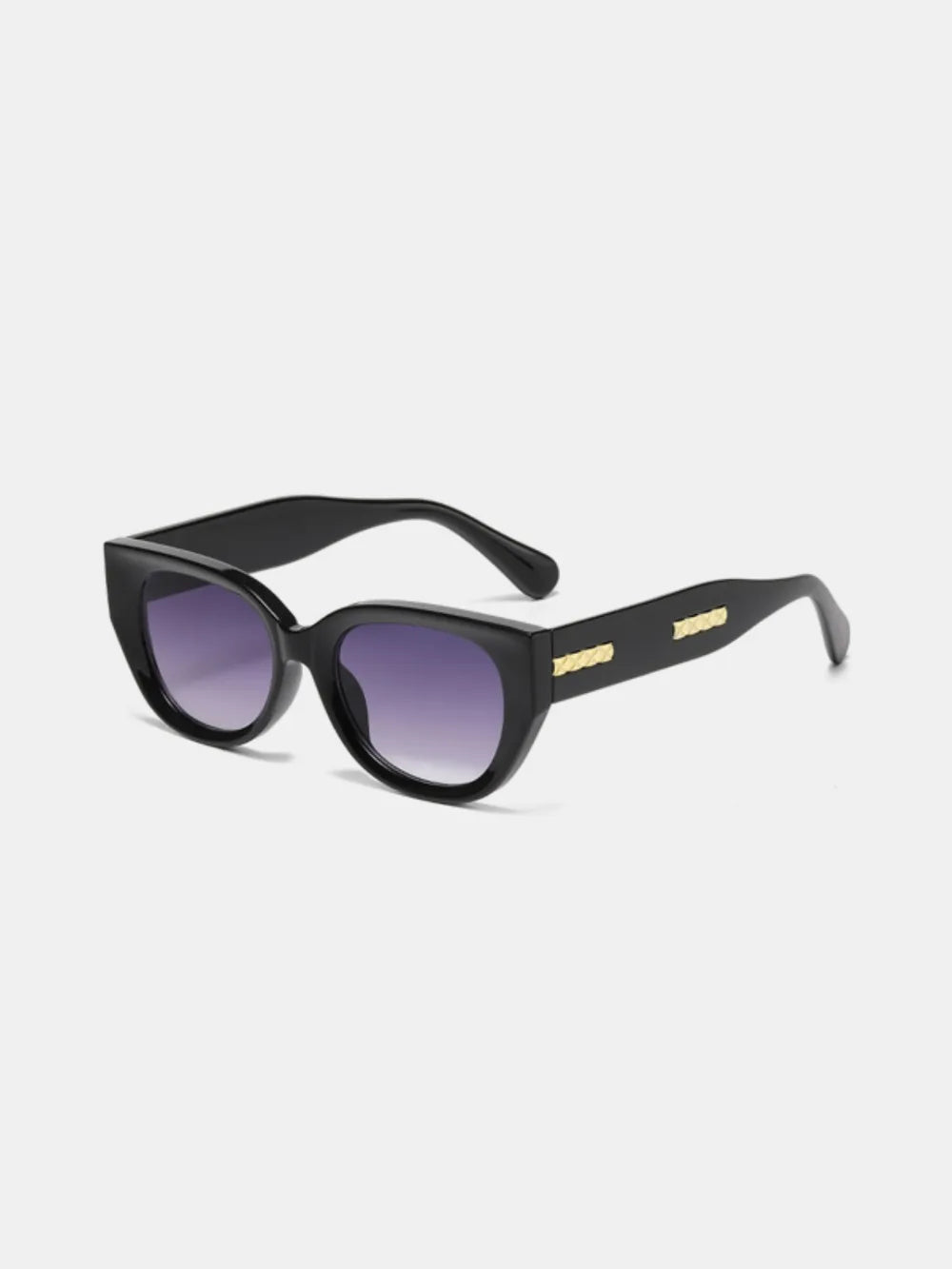 Black cat-eye polycarbonate sunglasses with purple-tinted lenses and slim temples