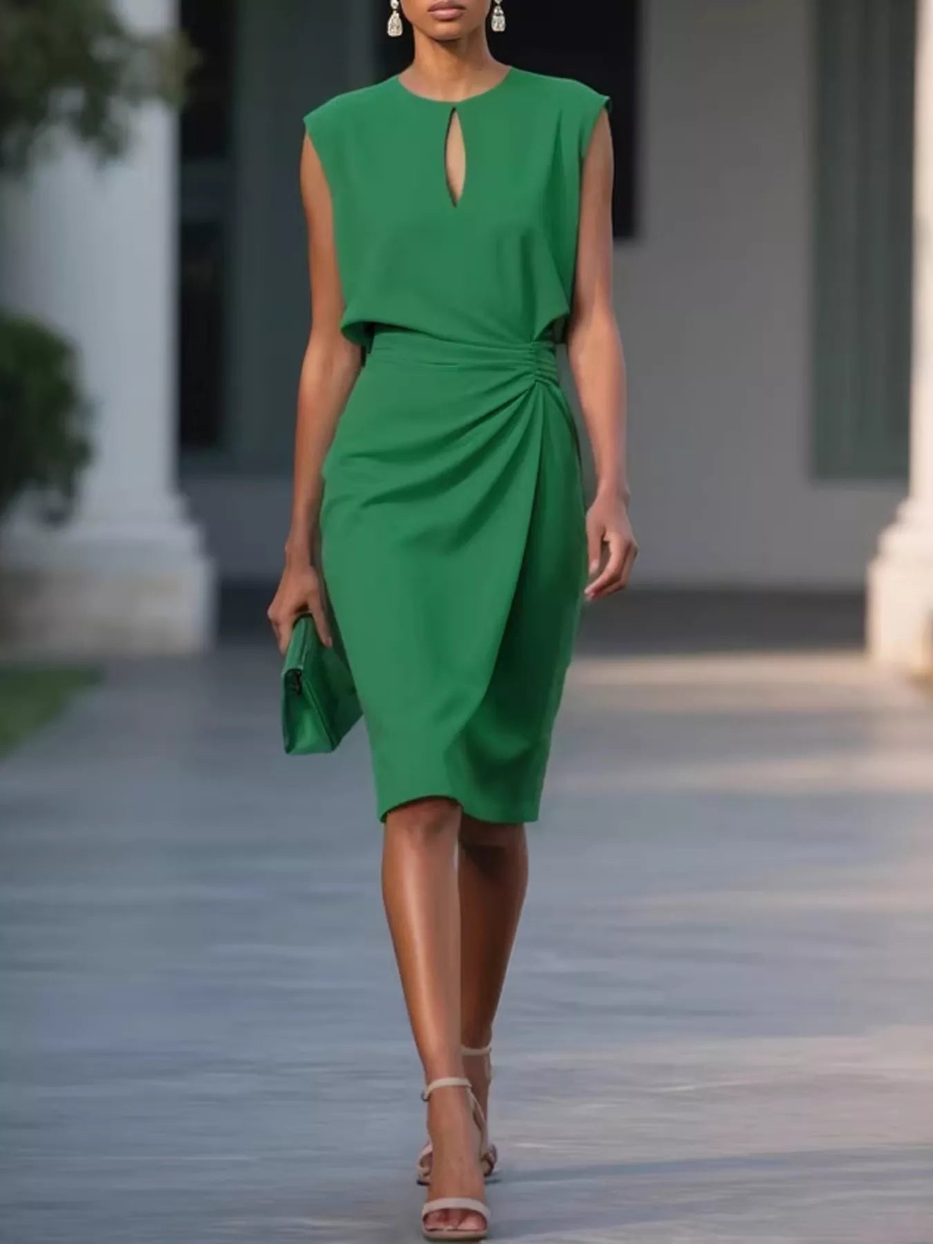 Dark green ruched waist sleeveless dress with keyhole neckline slit and gathered waist.