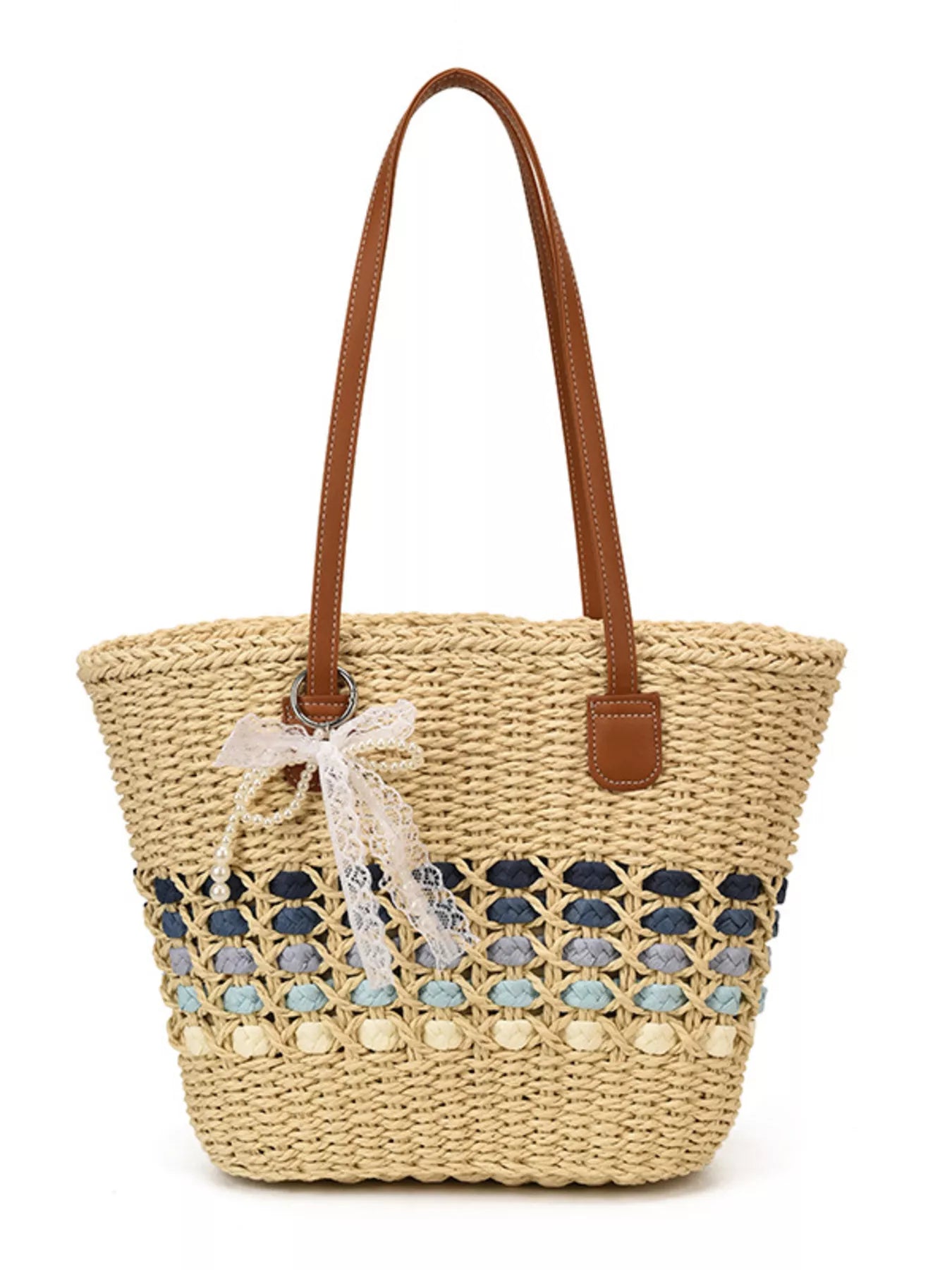 Woven straw shoulder bag with blue lattice band and white bow, brown leather handles