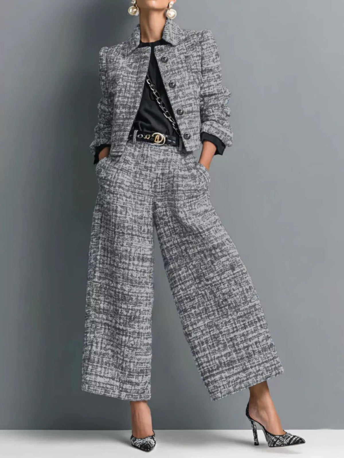 Tweed crop jacket and wide-leg pants set in gray textured fabric