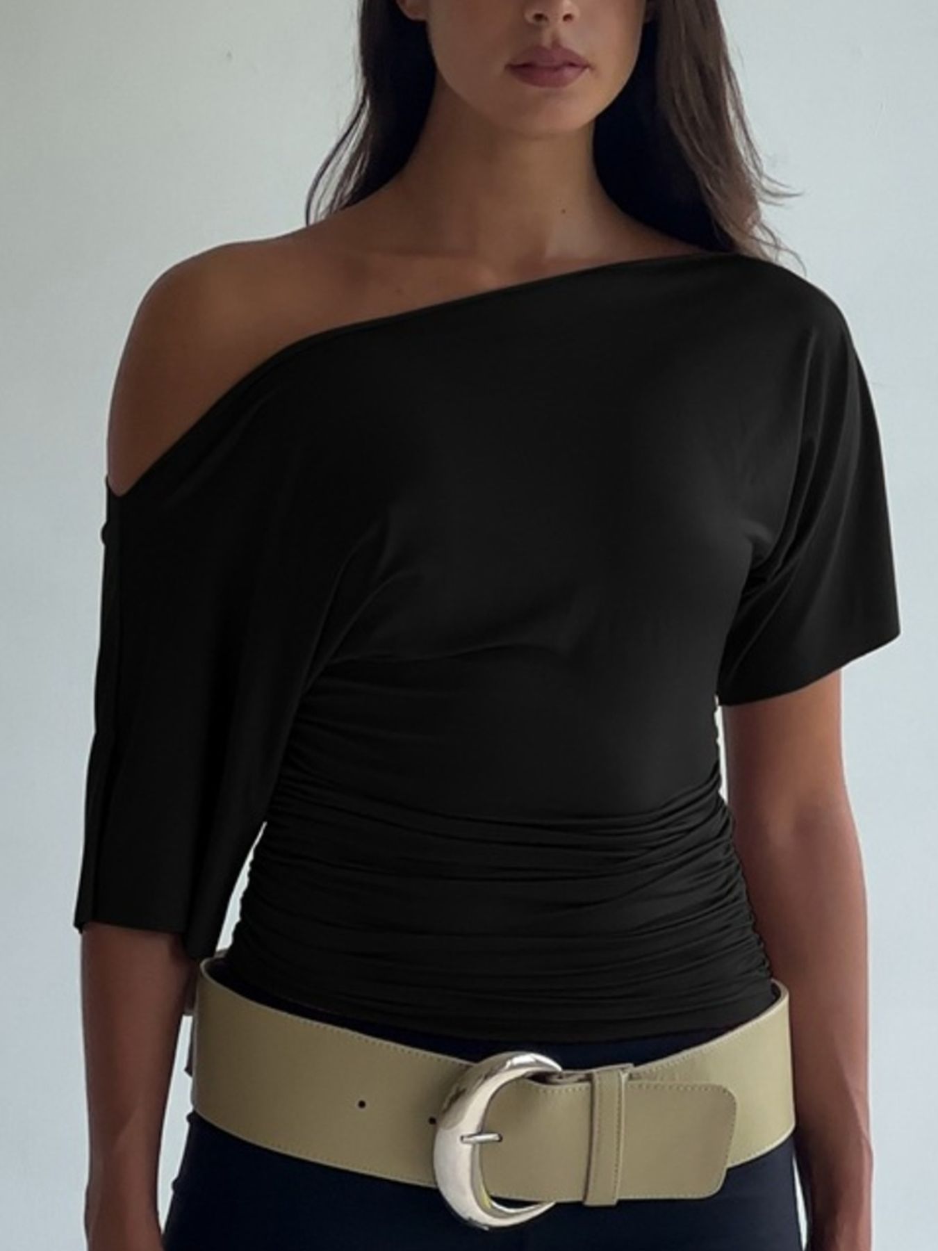 Cedar & Moore One Shoulder Short Sleeve T-Shirt in black with ruched detail
