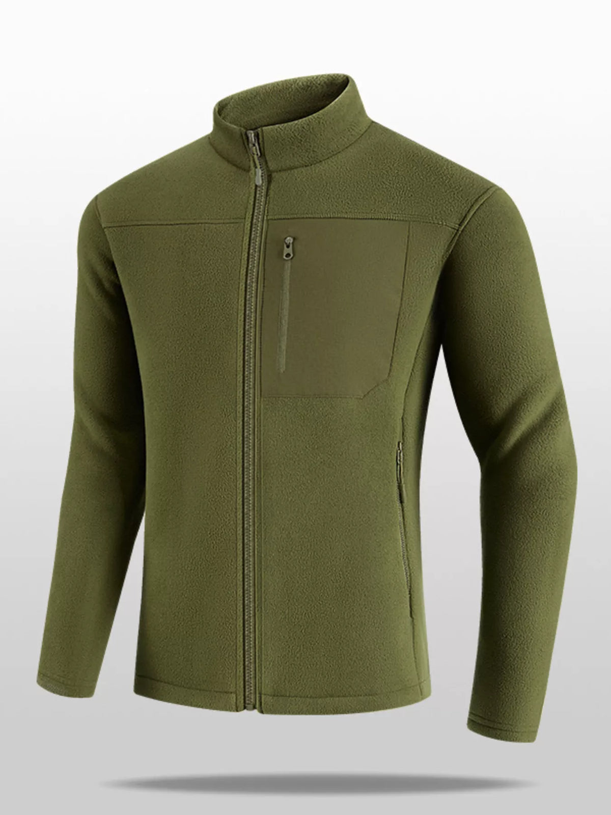 Men's army green zip-up long sleeve jacket with stand collar and front zipper