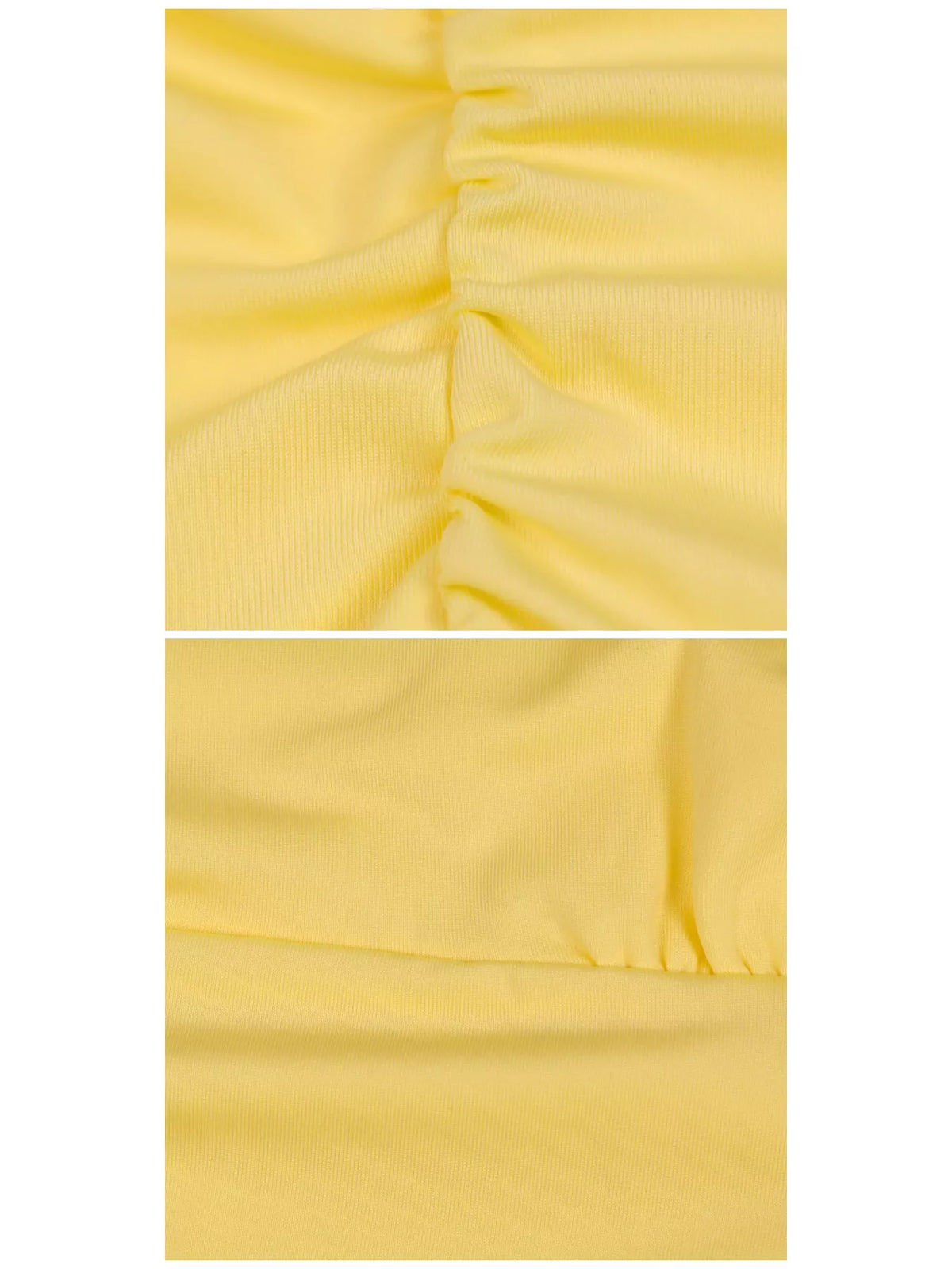 Close-up of yellow ruched fabric and gathered seam on layered mini dress