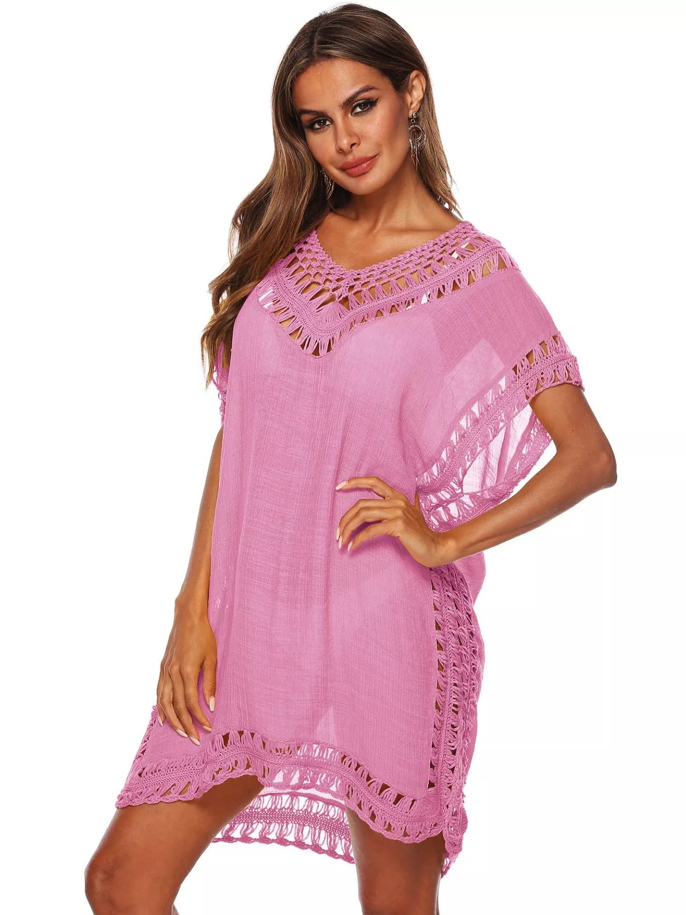 Pink crochet-trim cover-up dress, crochet fringe neckline and hem