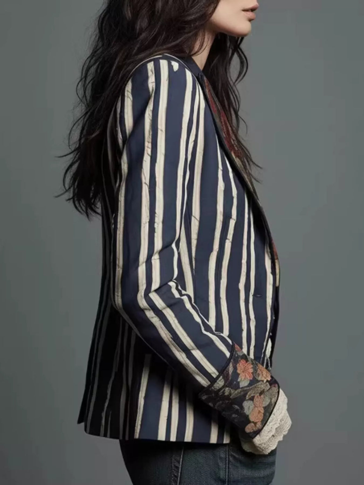 Slim fit striped blazer, vertical navy-and-cream stripes with floral trim, side view