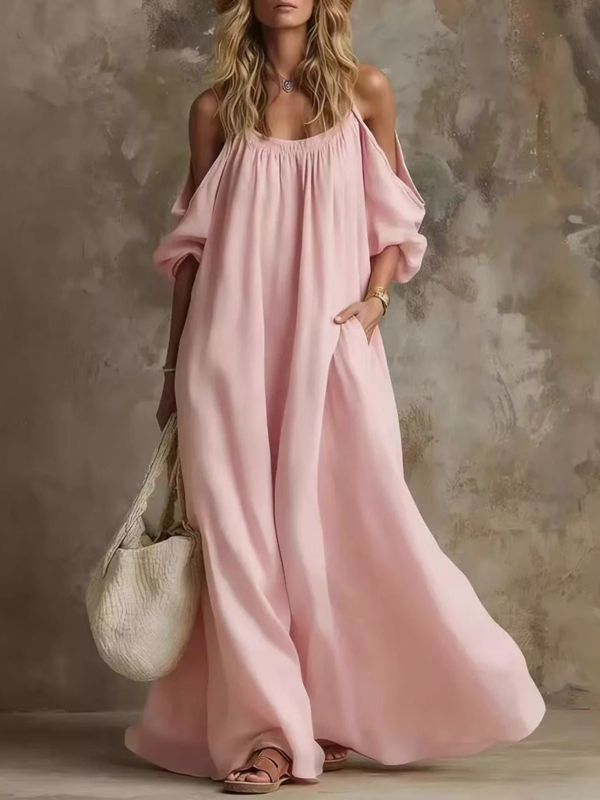 Dusty pink linen cold-shoulder maxi dress with gathered neckline and side pockets