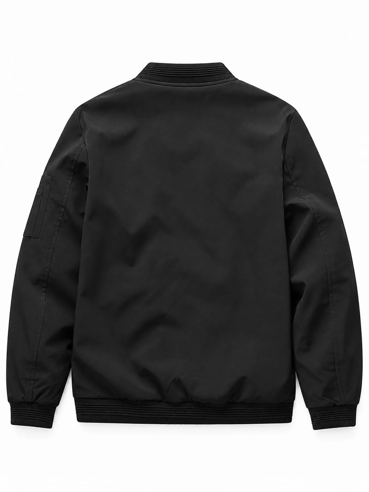Men's lightweight bomber jacket back view in black, ribbed collar, cuffs, and hem