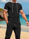 Black short-sleeve hooded top and matching jogger pants set, drawstring hood, button front