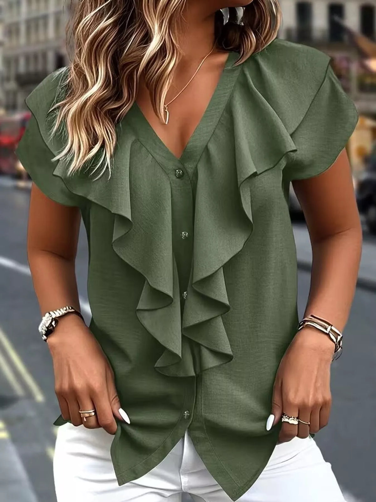 Dark green V-neck button blouse with layered ruffle trim