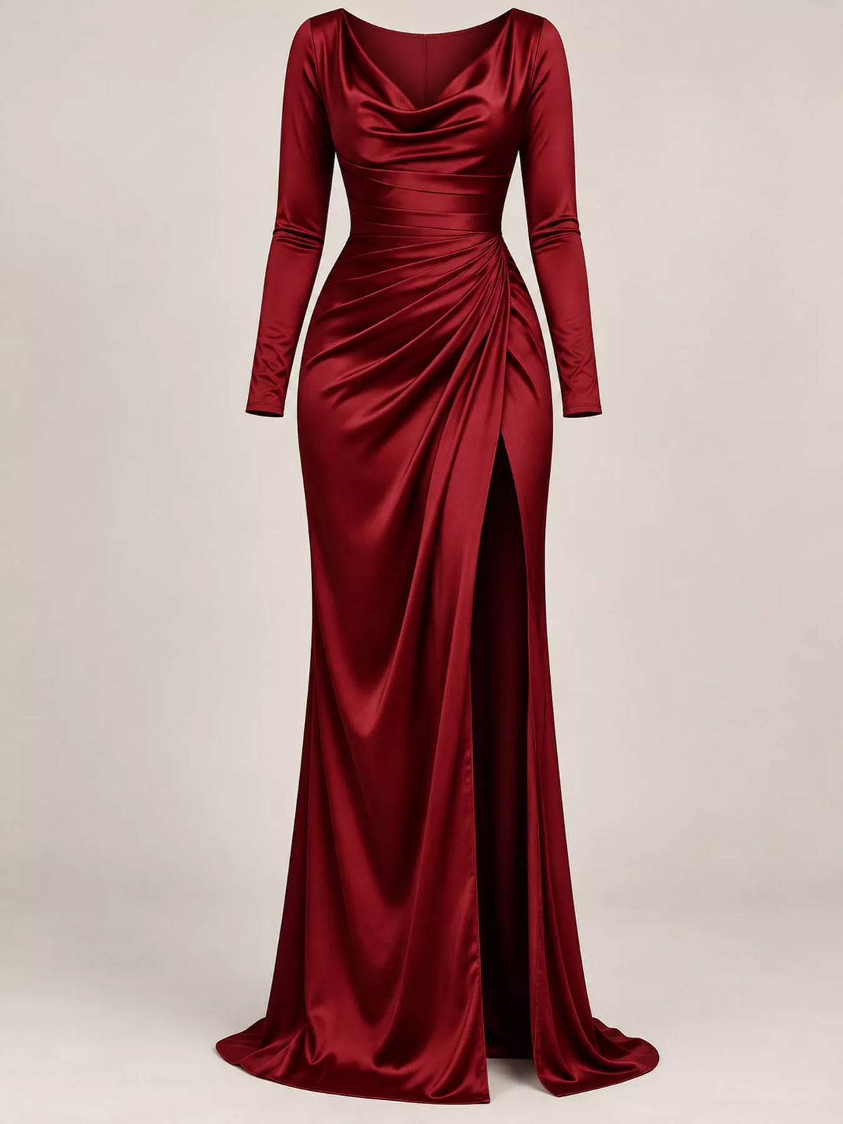 Burgundy satin cowl neck maxi dress, long sleeves, ruched bodice, high slit
