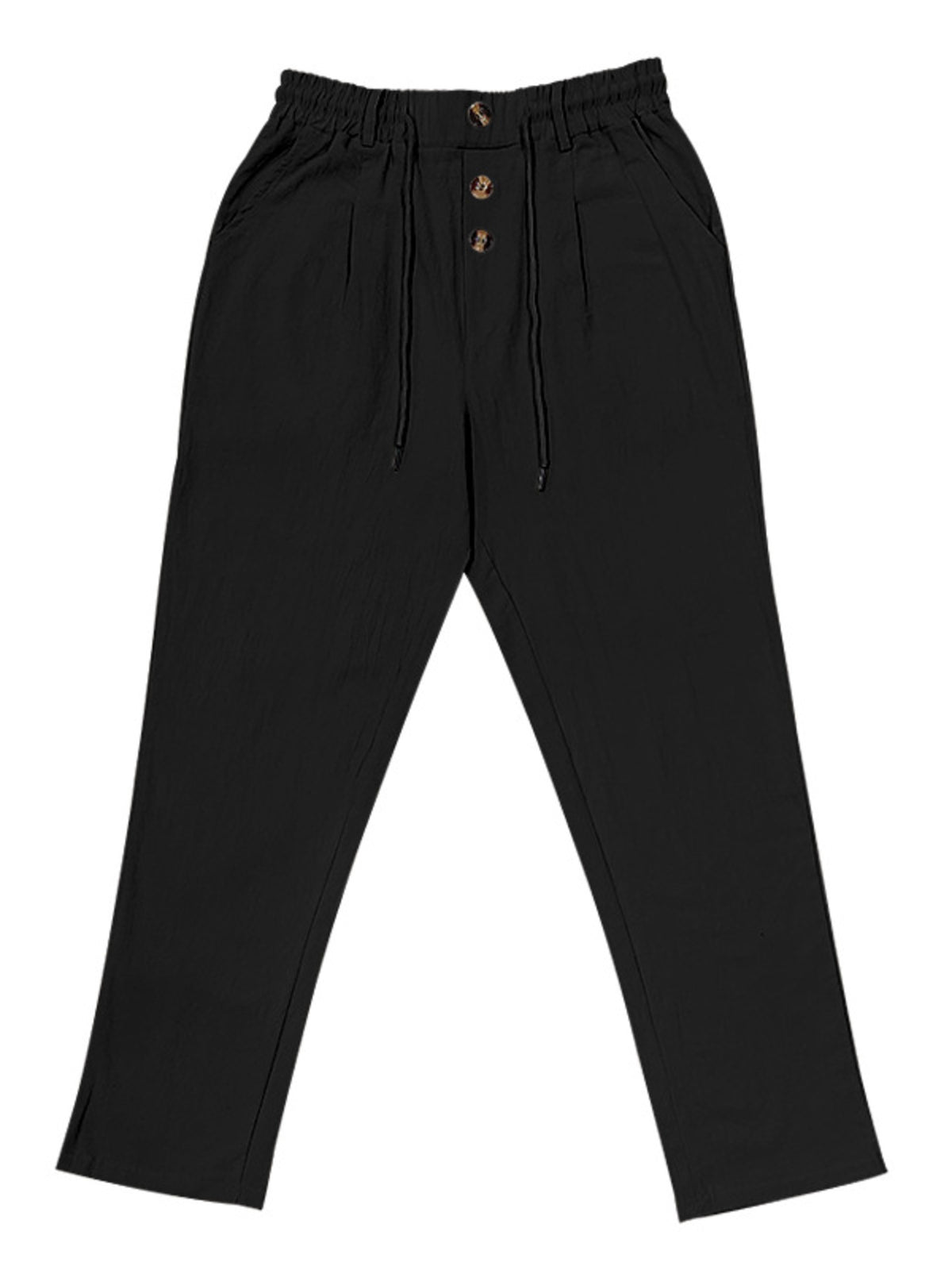 Black men’s lightweight drawstring pants with button front, vertical seam details