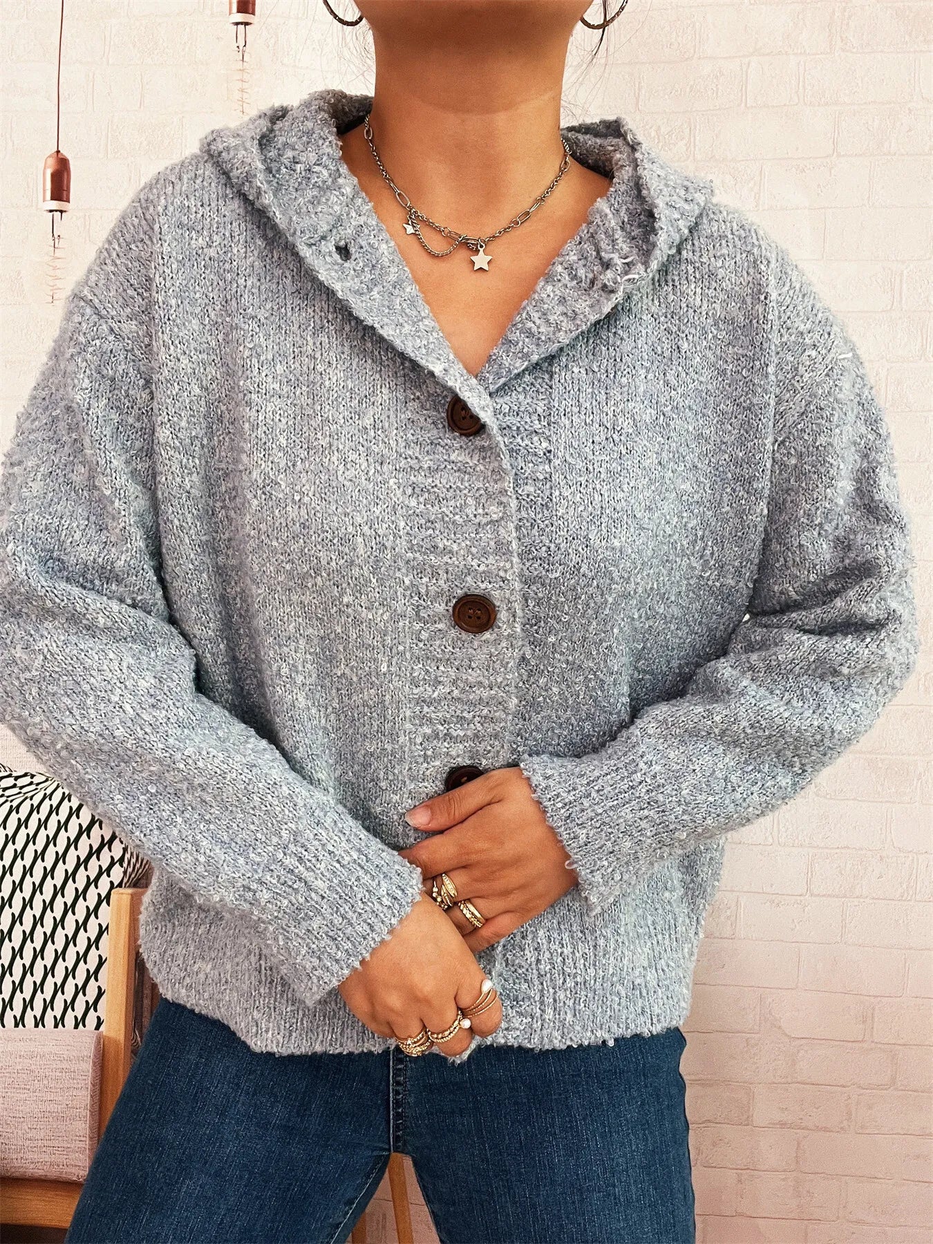Heather gray-blue hooded button-up cardigan with long sleeves and button placket