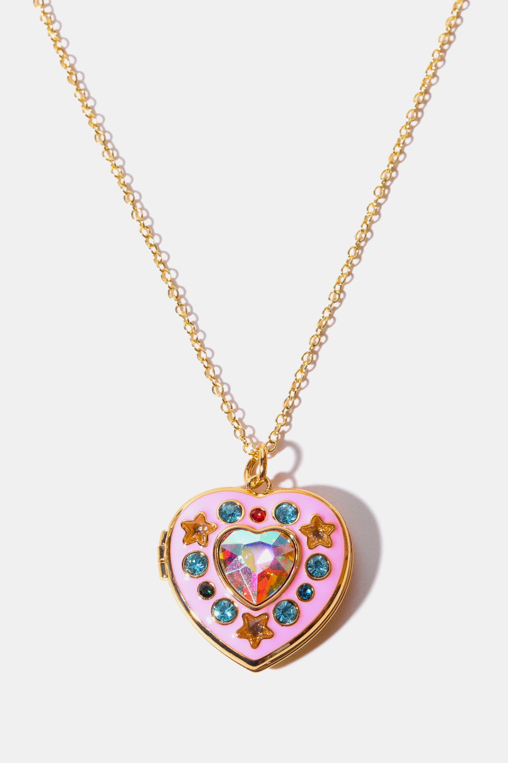 Heart box pendant necklace with gold chain and pink heart charm with rhinestone stars