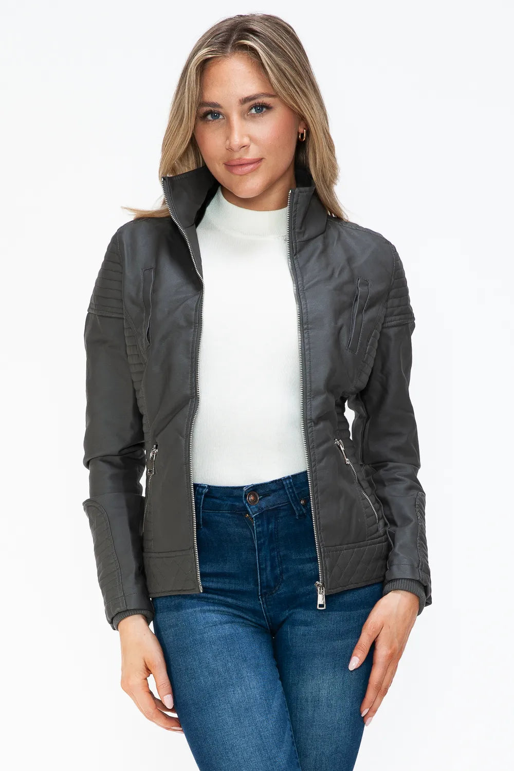 Charcoal faux layered double-zipper jacket with standing collar, hood down