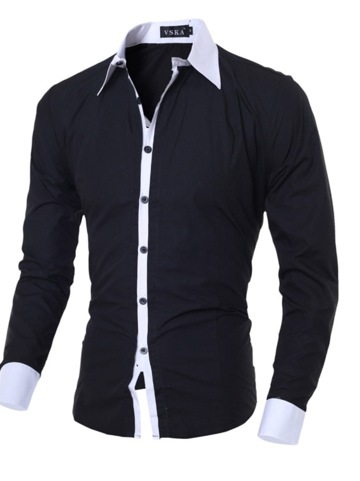 Men's slim fit long-sleeve shirt in black, white button placket and pointed collar