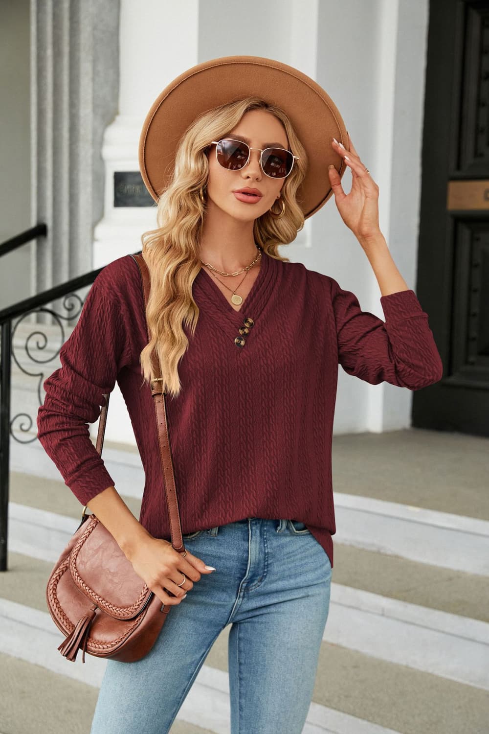 Cedar & Moore Decorative Button V-Neck Long Sleeve T-Shirt in burgundy solid knit