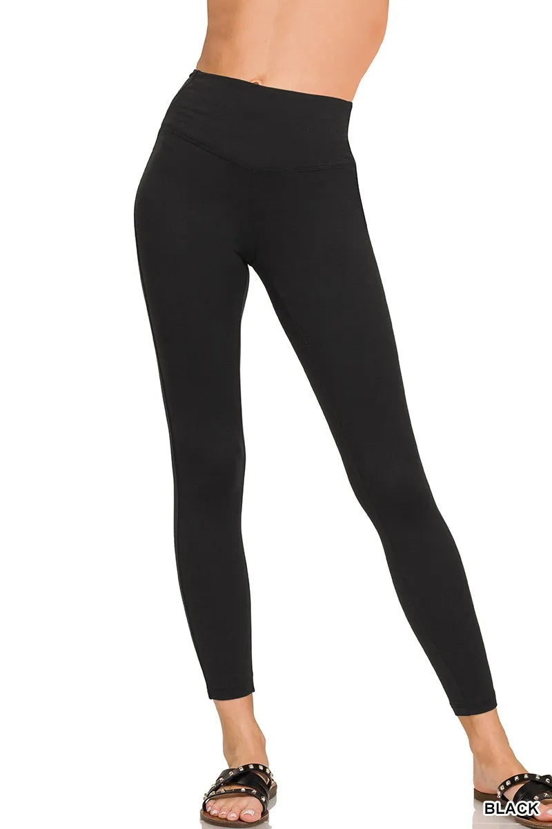 Black high-rise brushed microfiber leggings in a close side view