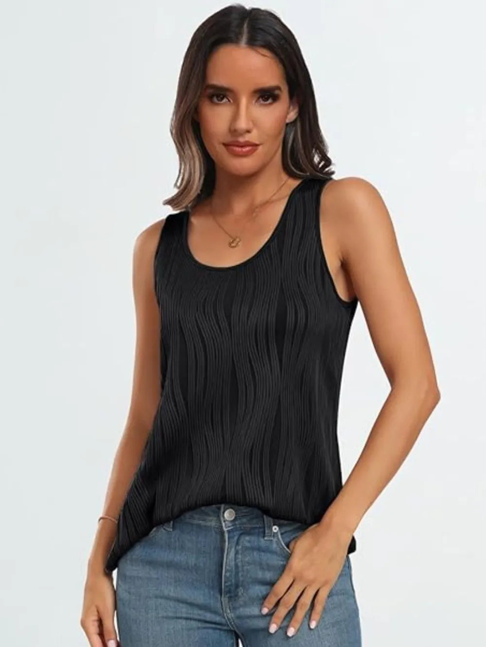Black round-neck wide-strap tank with textured vertical ribbing (front).
