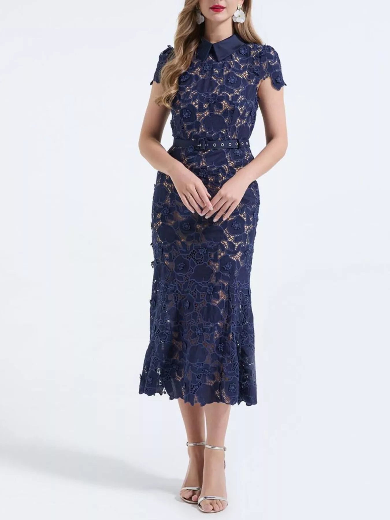 Cedar & Moore Floral Lace Short Sleeve Midi Dress in navy with belt