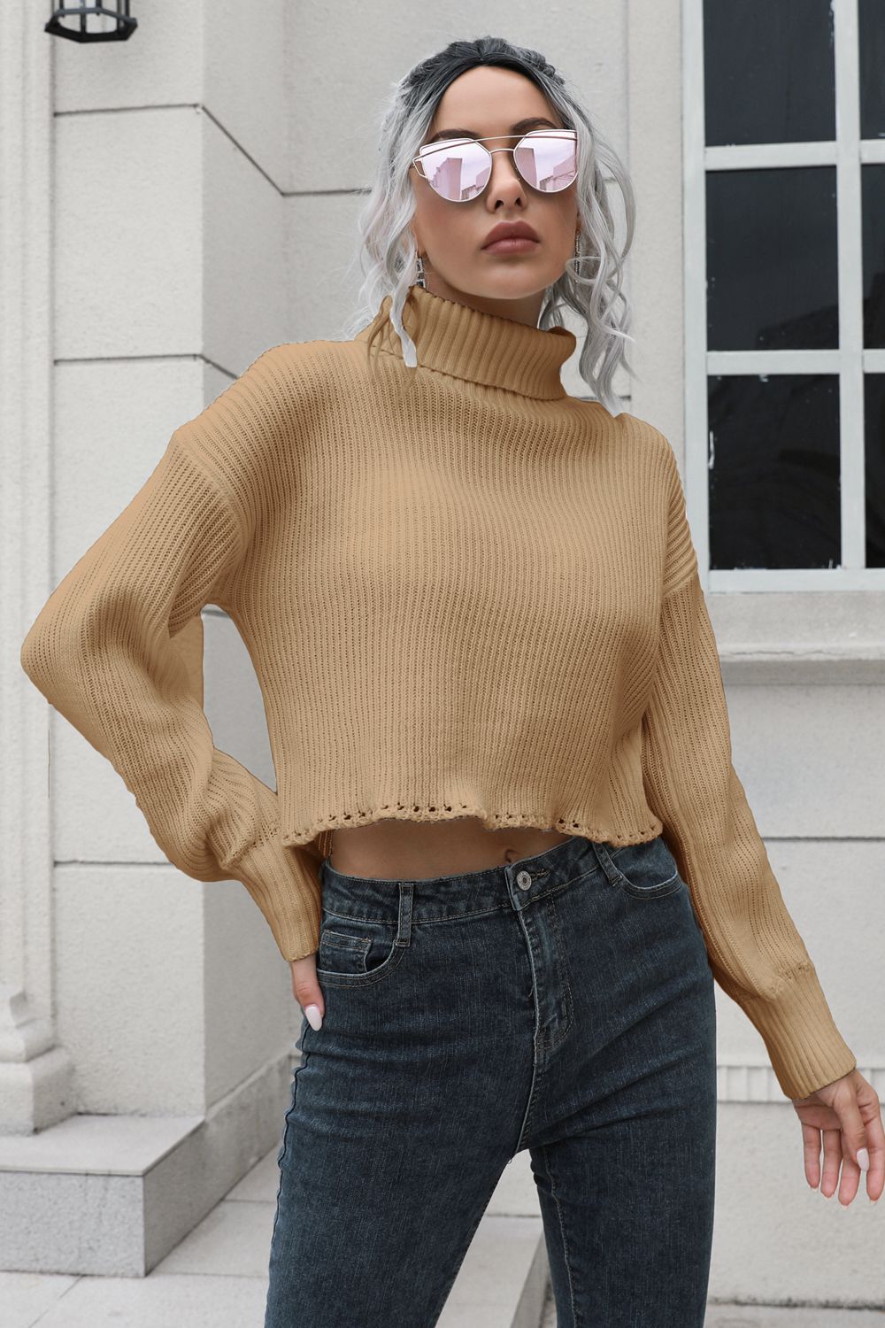 Camel turtleneck dropped-shoulder sweater, long sleeves, ribbed knit, cropped hem.