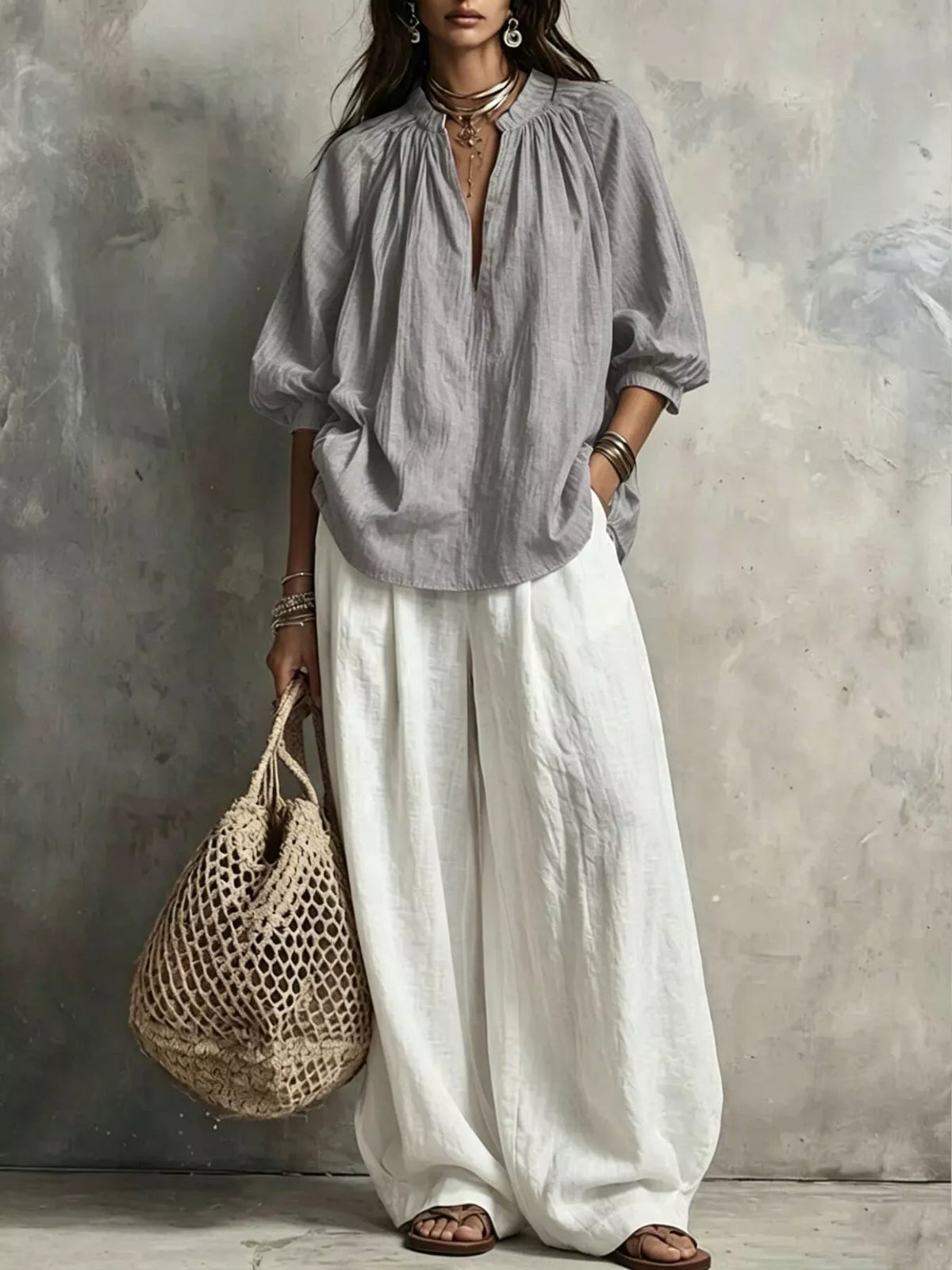 Gray notched blouse and wide-leg pants set with balloon sleeves, paired with white trousers