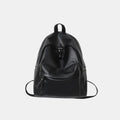 Black vegan leather zip backpack with drawstring pocket and top handle