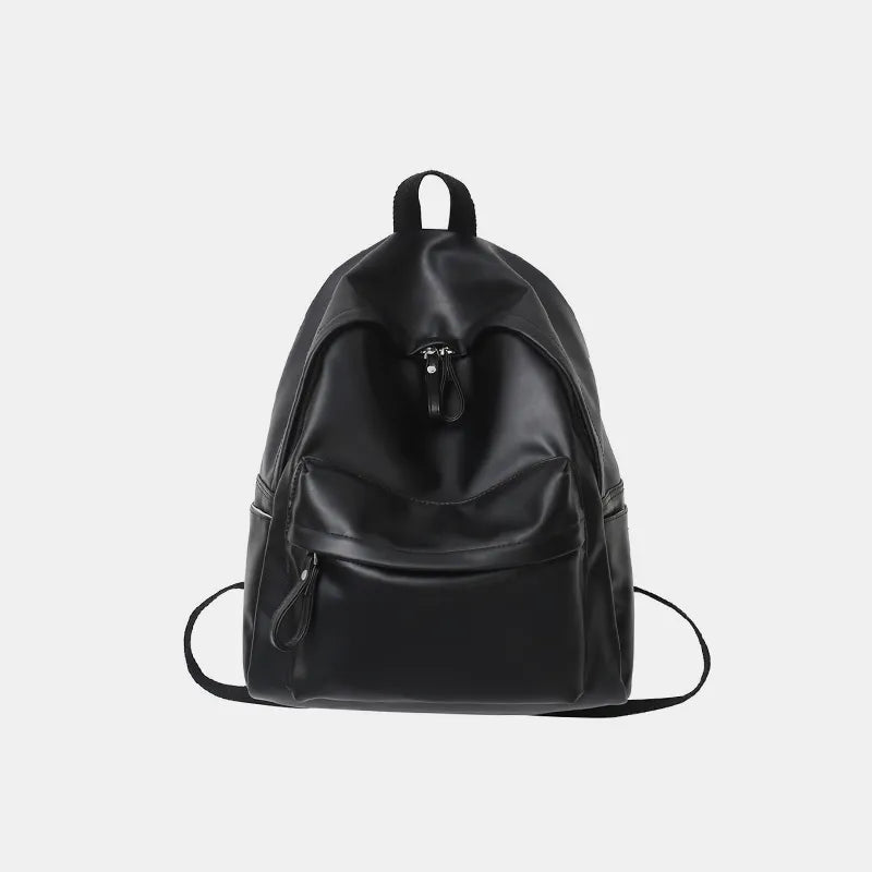 Black vegan leather zip backpack with drawstring pocket and top handle